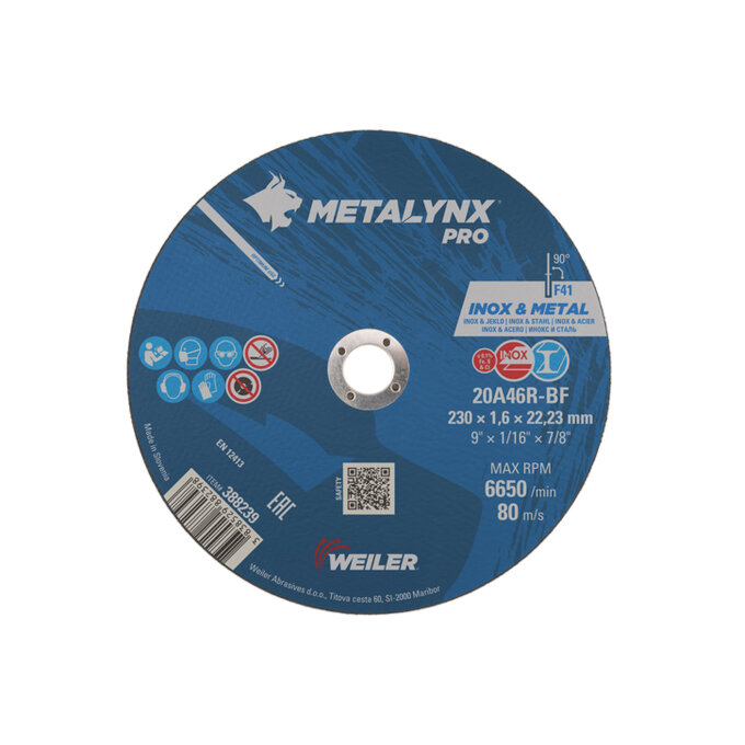 WEILER REZNA PLOČA ZA INOX I METAL 230 x 1,9 x 22 mm 20A46R-BF METALYNX PRO